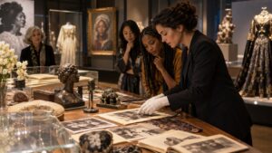 Editorial scene showing women studying cultural icon artifacts in a museum archive.