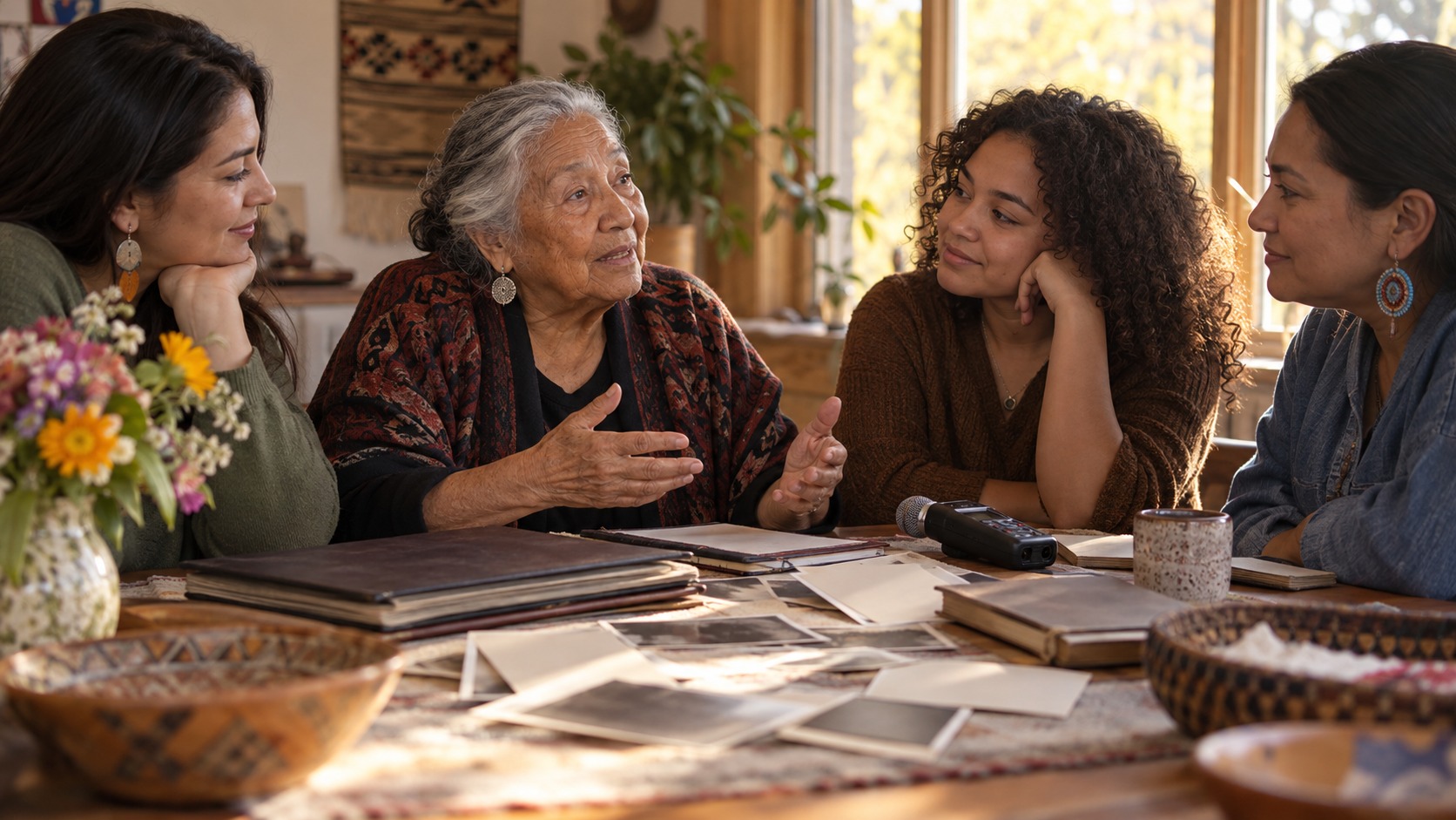 Editorial scene showing women heroes sharing community stories in a warm civic archive.