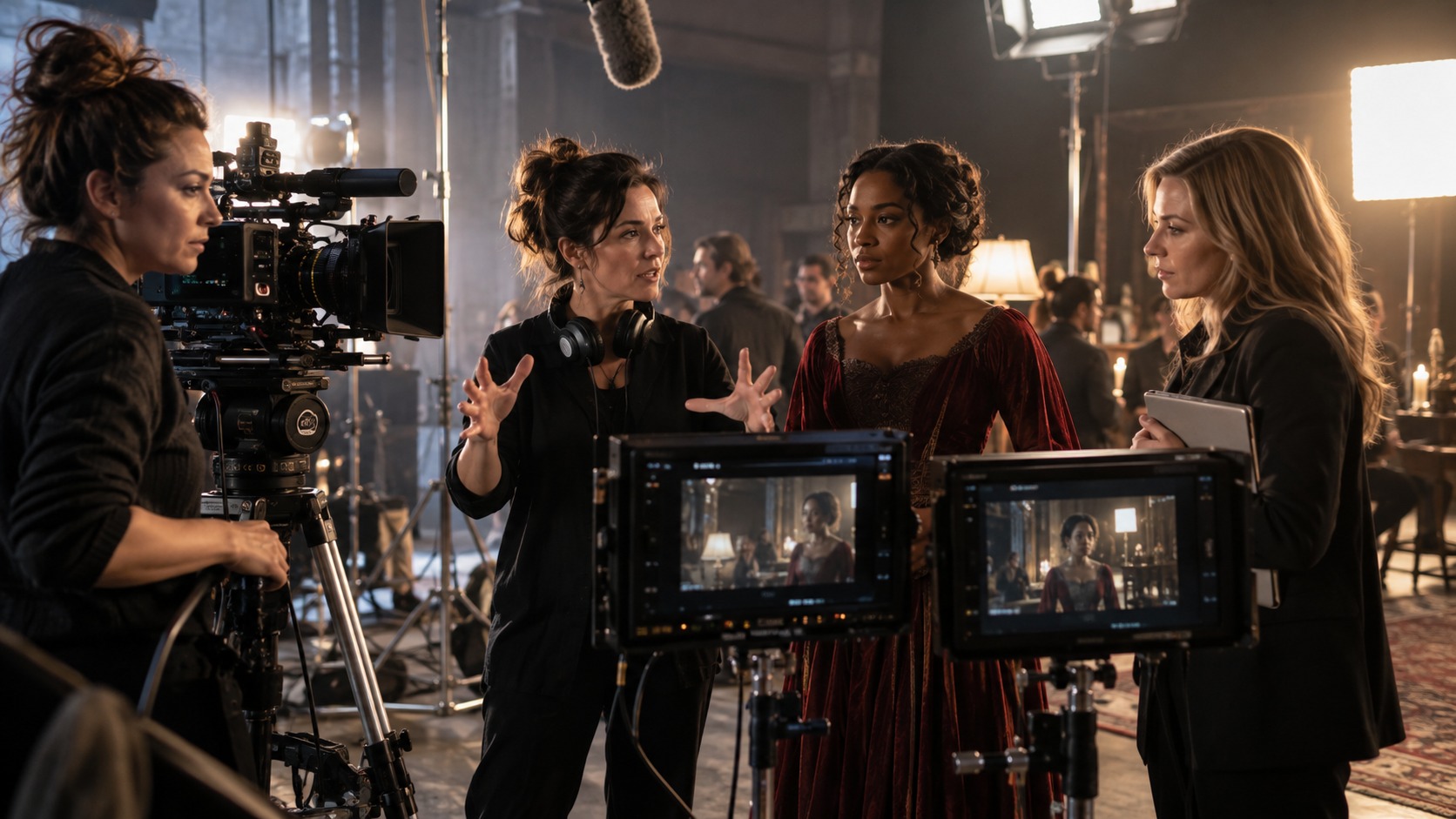 Editorial scene showing women collaborating on a professional film set.