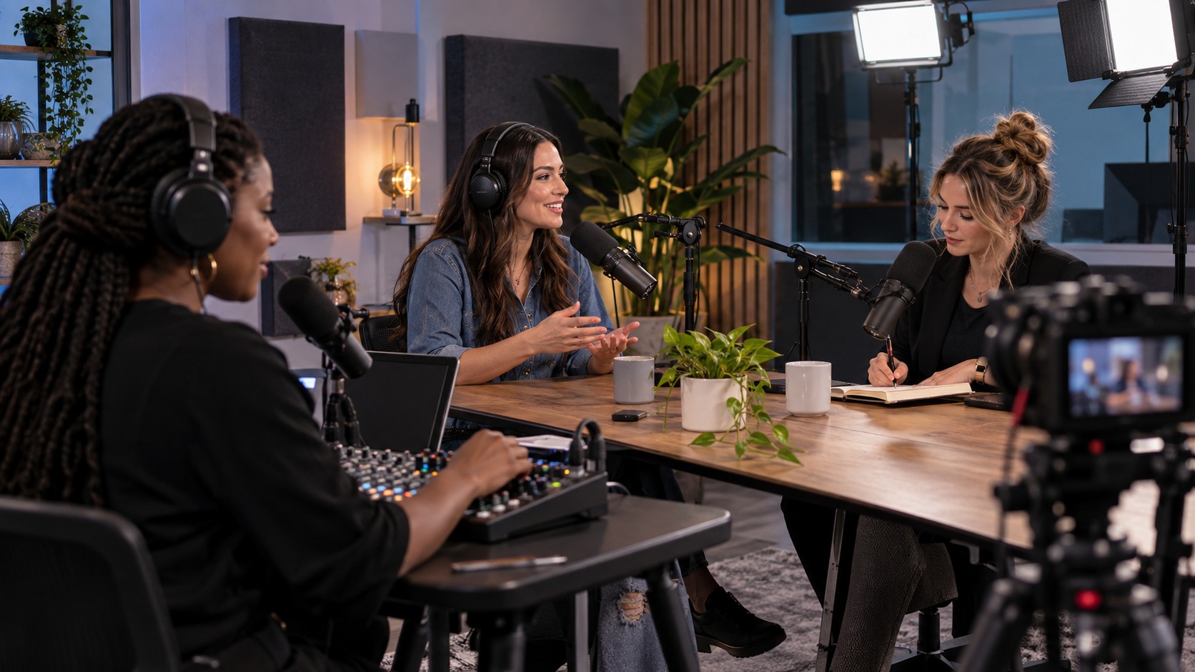 Women media makers recording a podcast and video conversation in a modern production studio.