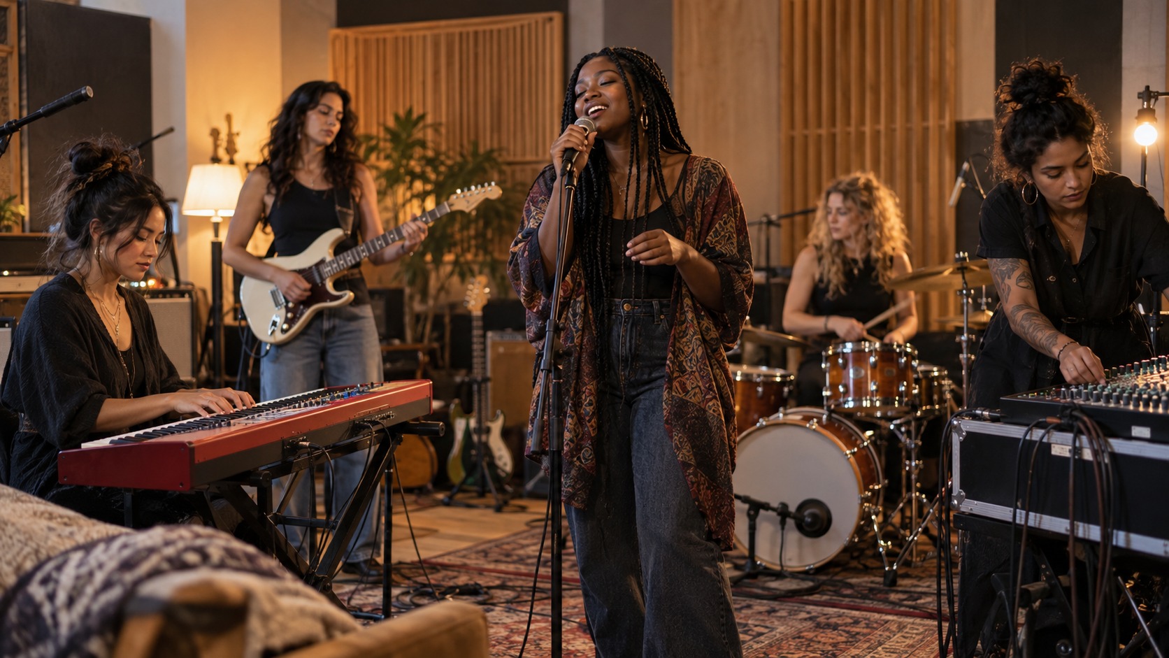 Editorial scene showing women musicians rehearsing in a warm studio.