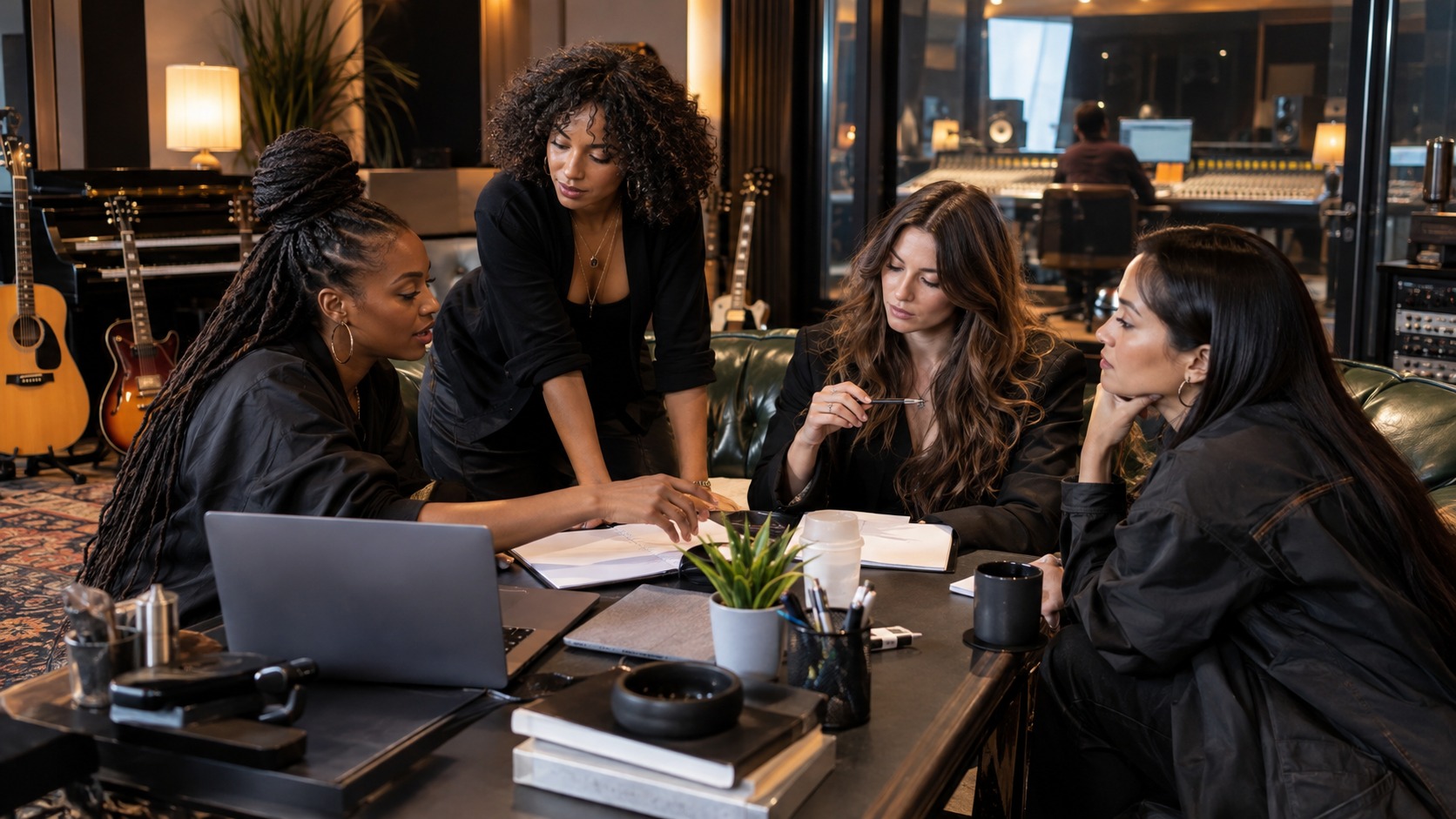 Editorial scene showing women music professionals discussing a release plan in a studio.